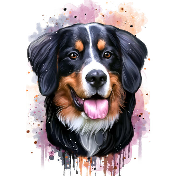 Bernese Mountain Dog Caricature Portrait in Natural Watercolor Style from Photo