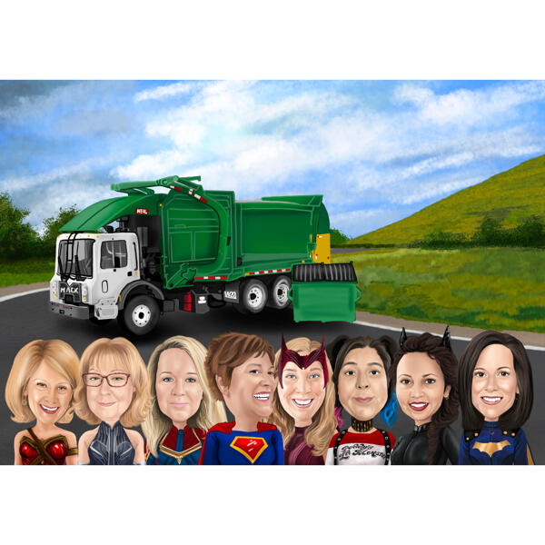 Pielāgots supervaroņu komandas karikatūras portrets krāsainā stilā ar kravas automašīnu fonā