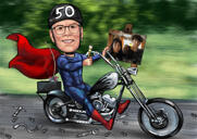 Motocyklový jezdec kreslená karikatura v barevném stylu z fotografie