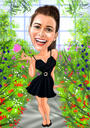 Retrato de dibujos animados de mujer hermosa en estilo de color con fondo de flores de la foto