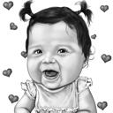Baby Girl Caricature Portrait from Photo in Black and White Drawing Style