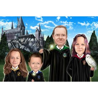 Harry Potter Fans Family with Owl Caricature Drawing with Castle Background