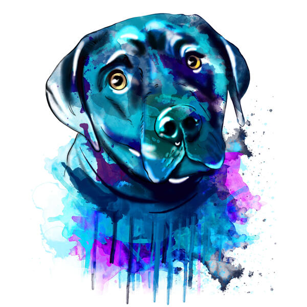 Vesiväri -koiran muotokuva sinisellä väriteemalla käsin piirrettystä valokuvasta