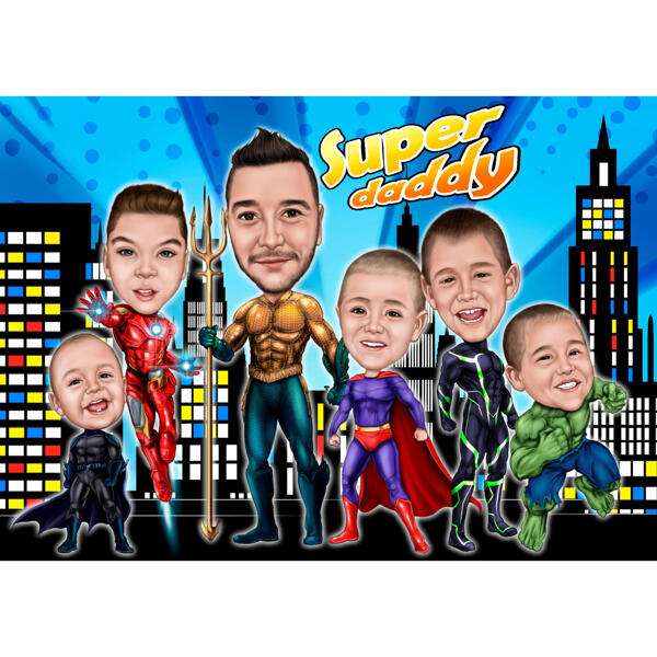 Superhéroe Super Daddy con dibujo de niños