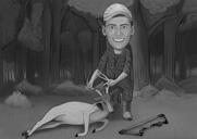 Карикатура на охотника в черно-белом стиле с нестандартным фоном