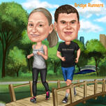 Caricature de couple faisant du jogging dans le parc