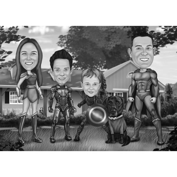 Supersankari -perheen karikatyyrilahja mustavalkoisena valokuvista