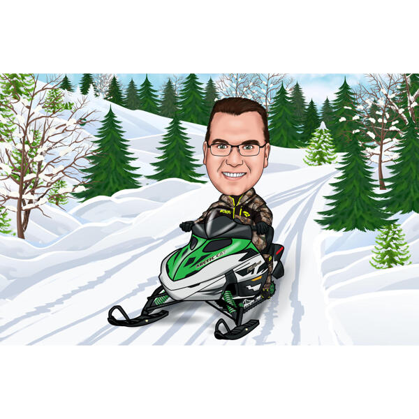 Persona en dibujo de dibujos animados de motos de nieve con fondo de invierno