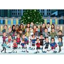 Groep karikatuur kerstkaart met gebouw achtergrond