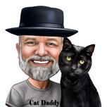 Retrato caricatural de dono com gato preto, tirado a partir de foto.