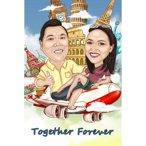 Per sempre insieme - Regalo di caricatura di coppia di anniversario con sfondo personalizzato