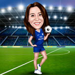 Dibujo de caricatura de estilo coloreado de jugador de fútbol de mujer con fondo de estadio