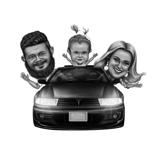 Familie i sort-hvid-karikatur af køretøjer fra fotos