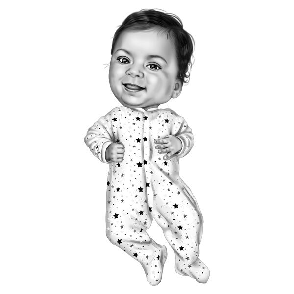 Pielāgota pilna ķermeņa mazuļa karikatūra melnbaltā stilā no fotoattēliem