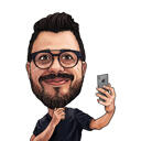 Caricatura de desenho animado de homem com telefone celular em estilo de cores da foto