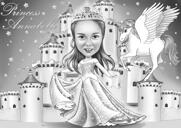 Prinses meisje cartoon portret met kasteel achtergrond