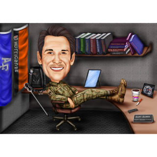 Military Caricature - at Office Desk in Colored Style with Custom Background