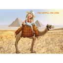 Person som rider kamelfärgad karikatyrgåva med ökenbakgrund