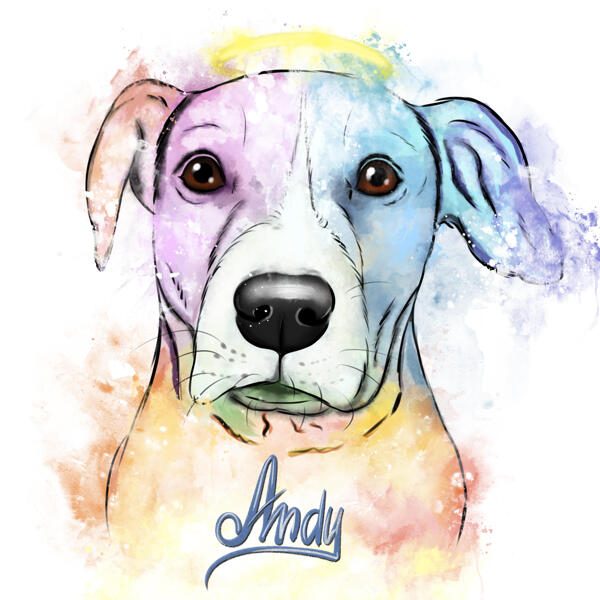 Акварельный мемориальный портрет собаки с ореолом в пастельных тонах