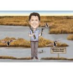 Full Body, Colored Hunting Caricature Gift: Holding Gun