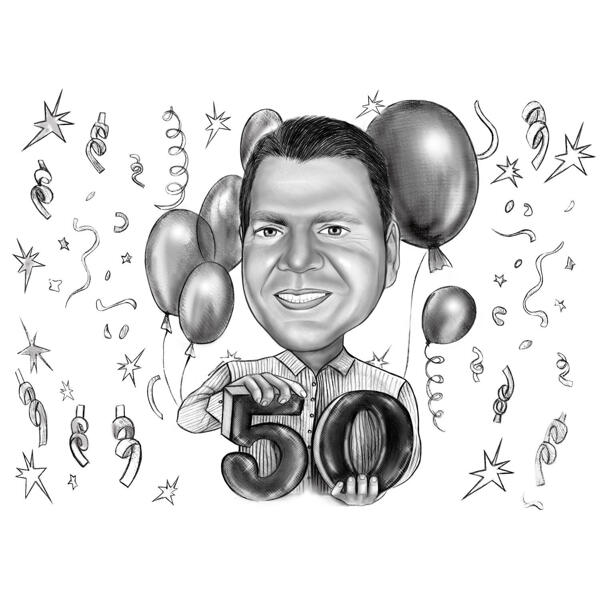 Regalo de caricatura de aniversario de 50 cumpleaños en blanco y negro
