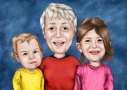 Karikaturporträt der Familie mit Kindern auf blauem Hintergrund