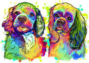 Карикатурный портрет собачьей пары в ярком акварельном стиле по фотографиям