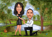 Caricatura de noivado de casal feliz no plano de fundo personalizado a partir de fotos