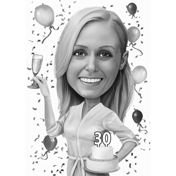 Persoon met verjaardagstaart en karikatuurgeschenk van champagne in zwart-wit stijl