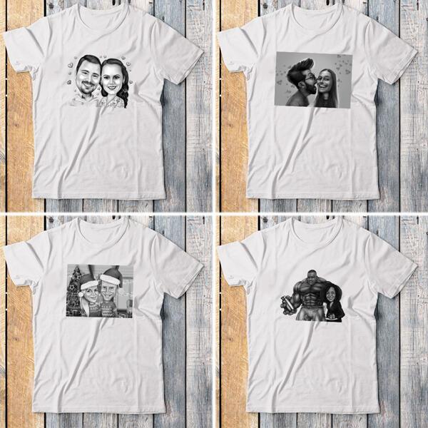 T-shirt Printed Couple Caricature in Black and White Style