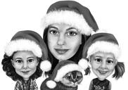 Caricatura di famiglia con animali domestici in stile esagerato