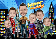 Supersankariperhe lasten kanssa Karikatyyri kaupungin taustalla