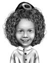 Încântător cu păr creț Desen desen animat în stil digital alb-negru din fotografii