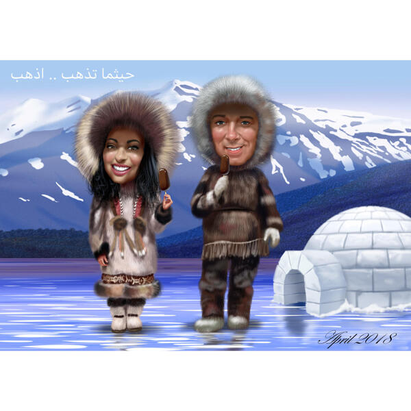 Personas eskimosu karikatūra krāsu stilā ar arktisko fonu