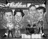Caricature des membres du groupe de musique dans un style noir et blanc avec un arrière-plan personnalisé
