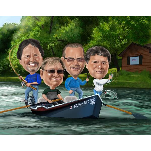 Fishing Buddies Caricature in Color Style with Custom Background