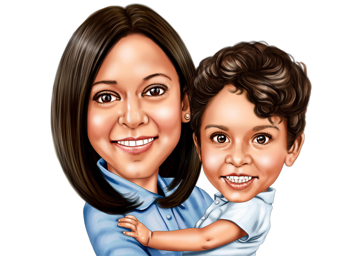 Mother with Son Cartoon Portrait from Photos for Custom Mother's Day Gift