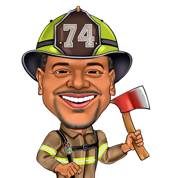 Axt schwingender Feuerwehrmann, übertriebene Karikatur