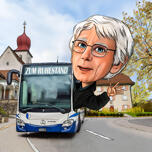 Caricatura de Busman com fundo personalizado para melhor presente de motorista de ônibus