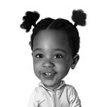 Mazuļu meitenes karikatūras portrets no fotoattēla melnbaltā zīmēšanas stilā