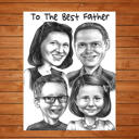 Família com crianças caricatura em preto e branco de fotos impressas em pôster