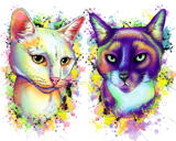 Retrato de caricatura de casal de gatos em estilo aquarela com uma cor de fundo