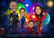 Superhelte-familiekarikatur for Marvel Superhelte-fans