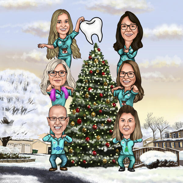 Сотрудники стоматолога украшают карикатуру на рождественскую елку