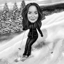 Caricatura de desenho animado de esqui em preto e branco a partir de fotos