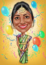 Caricatura exagerada de noiva indiana personalizada de foto em fundo colorido