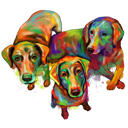 Kolme koera rühmaportree karikatuur vikerkaare akvarellides, kogu keha