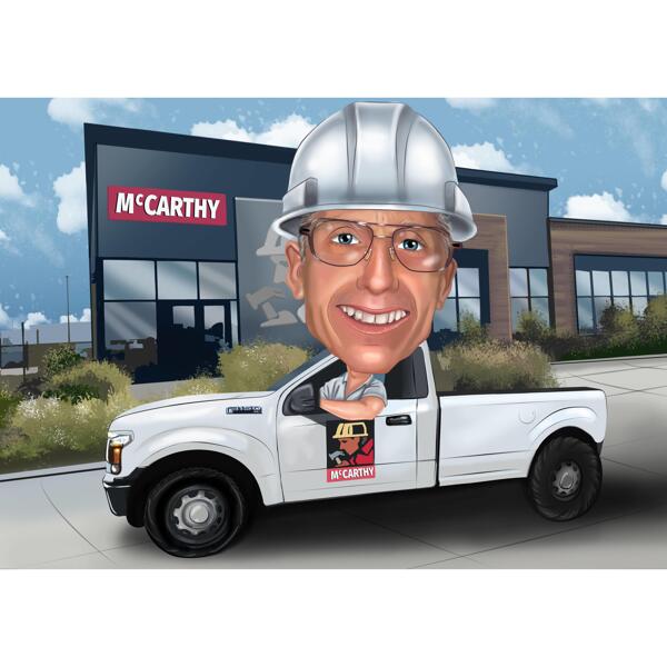 Таможенный рабочий в карикатуре на грузовик-фургон