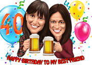 Regalo de dibujo de caricatura alta de feliz cumpleaños de dos personas en estilo de color de fotos