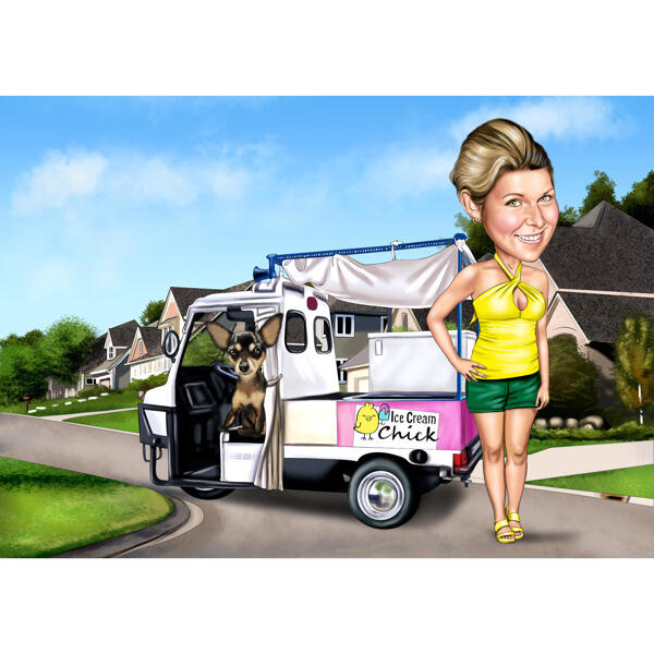 Vlastník s karikaturou domácích mazlíčků z fotografií se zmrzlinovým vozem v pozadí